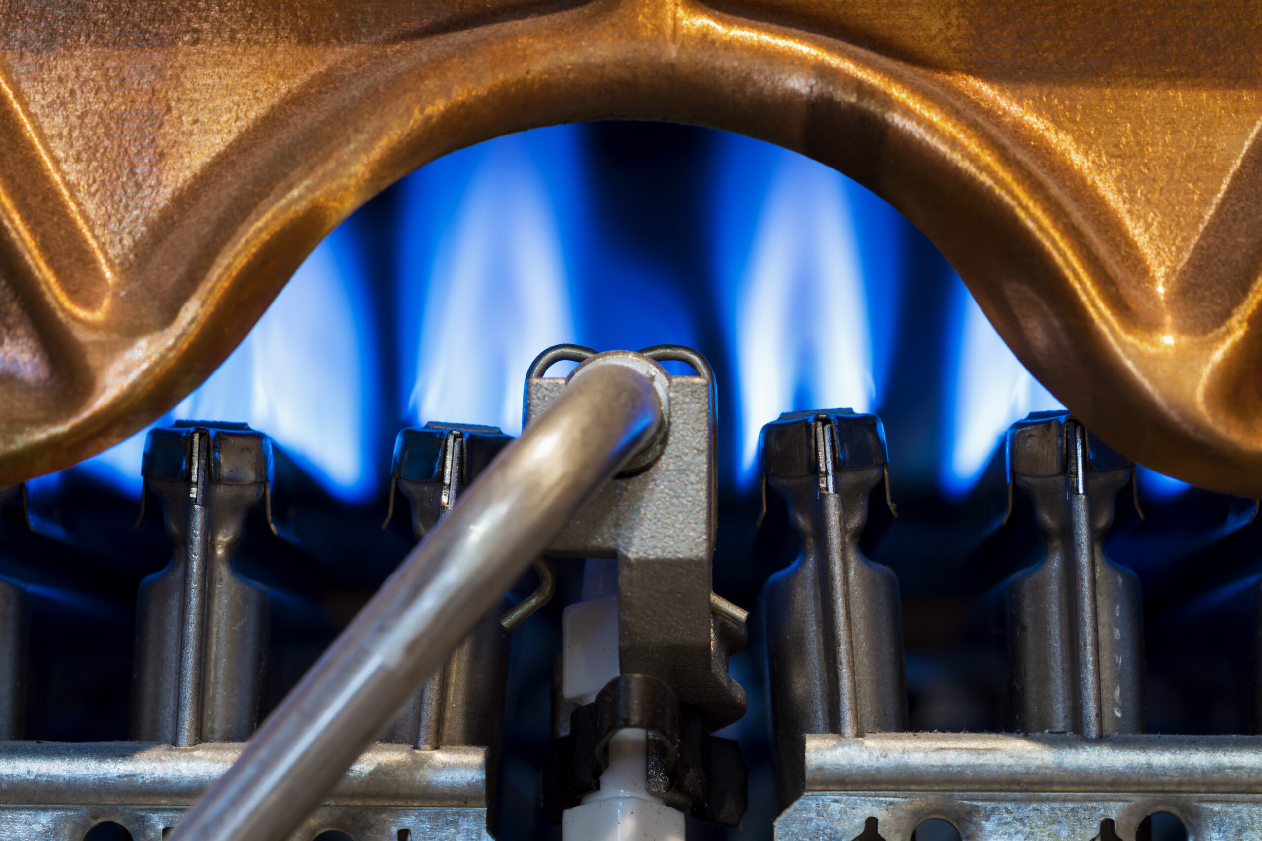 Flamme bleue d'un brûleur au gaz, vue de près